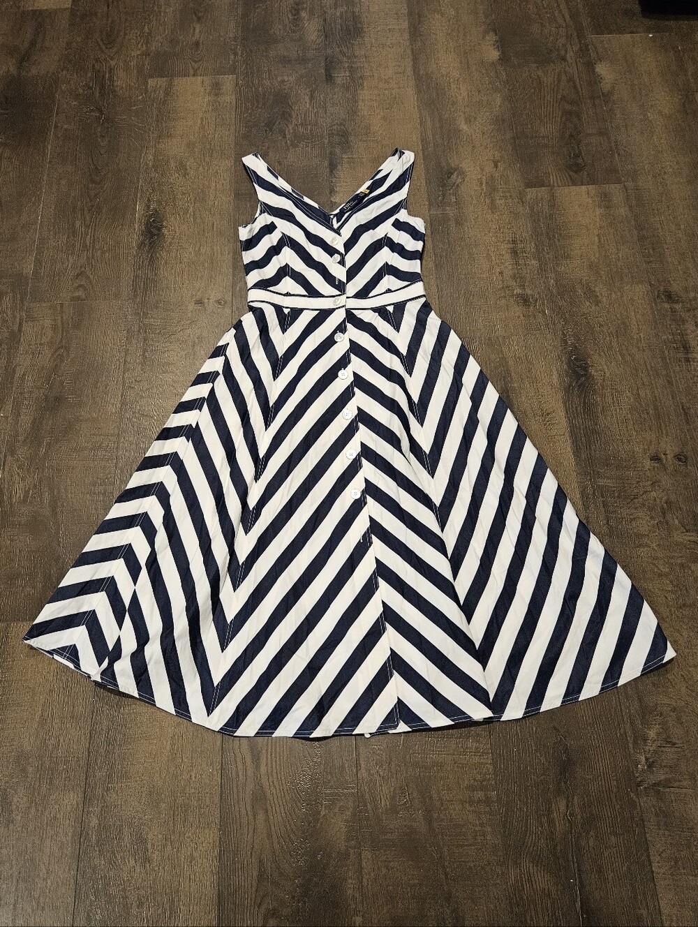 Polo Ralph Lauren navy and white striped chevron midi dress.